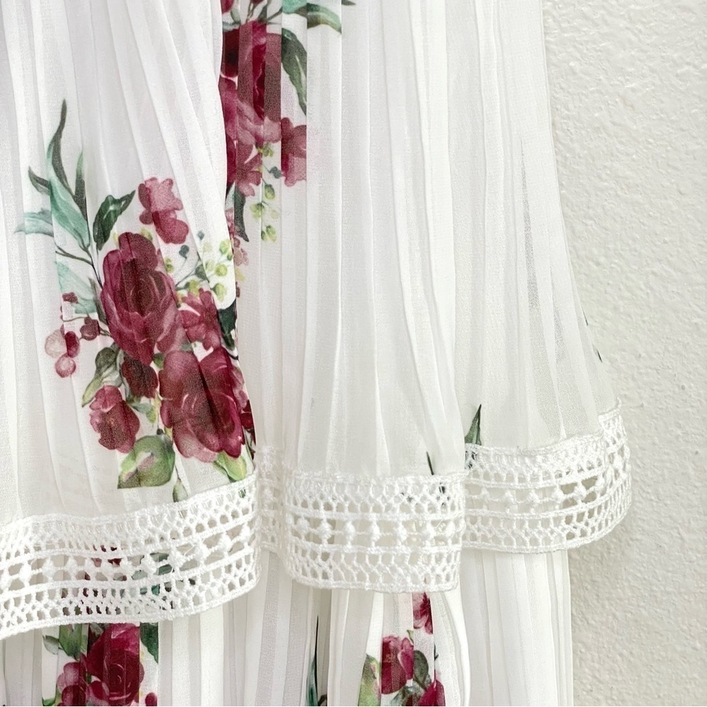 Lulus Thriving Romance White Floral Tiered Plisse Pleat Lace Trim Midi Dress XS - Picture 11 of 14
